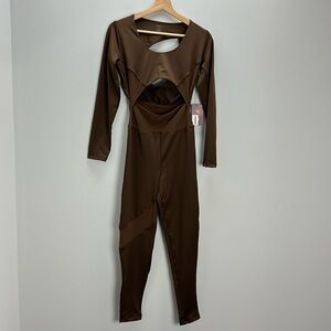 Solely Fit Kandake Full Length Bodysuit Latte Brown Mesh L XL Made In USA New